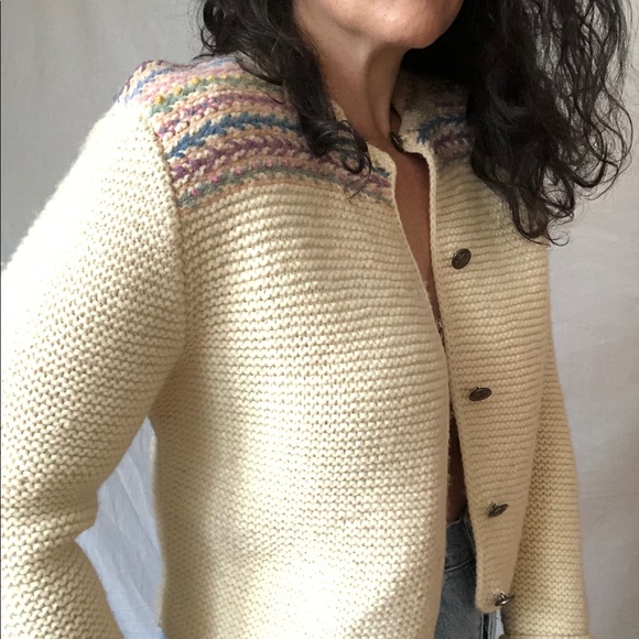 Vtg Hand Knit Embroidered 100% Pure Wool Pastel Rosebud Ivory Cardigan Sweater - Picture 14 of 16